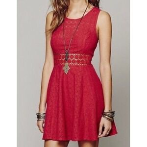 Free People Red Daisy Crochet Lace Fit & Flare‎ Sleeveless Dress Women's Size 4